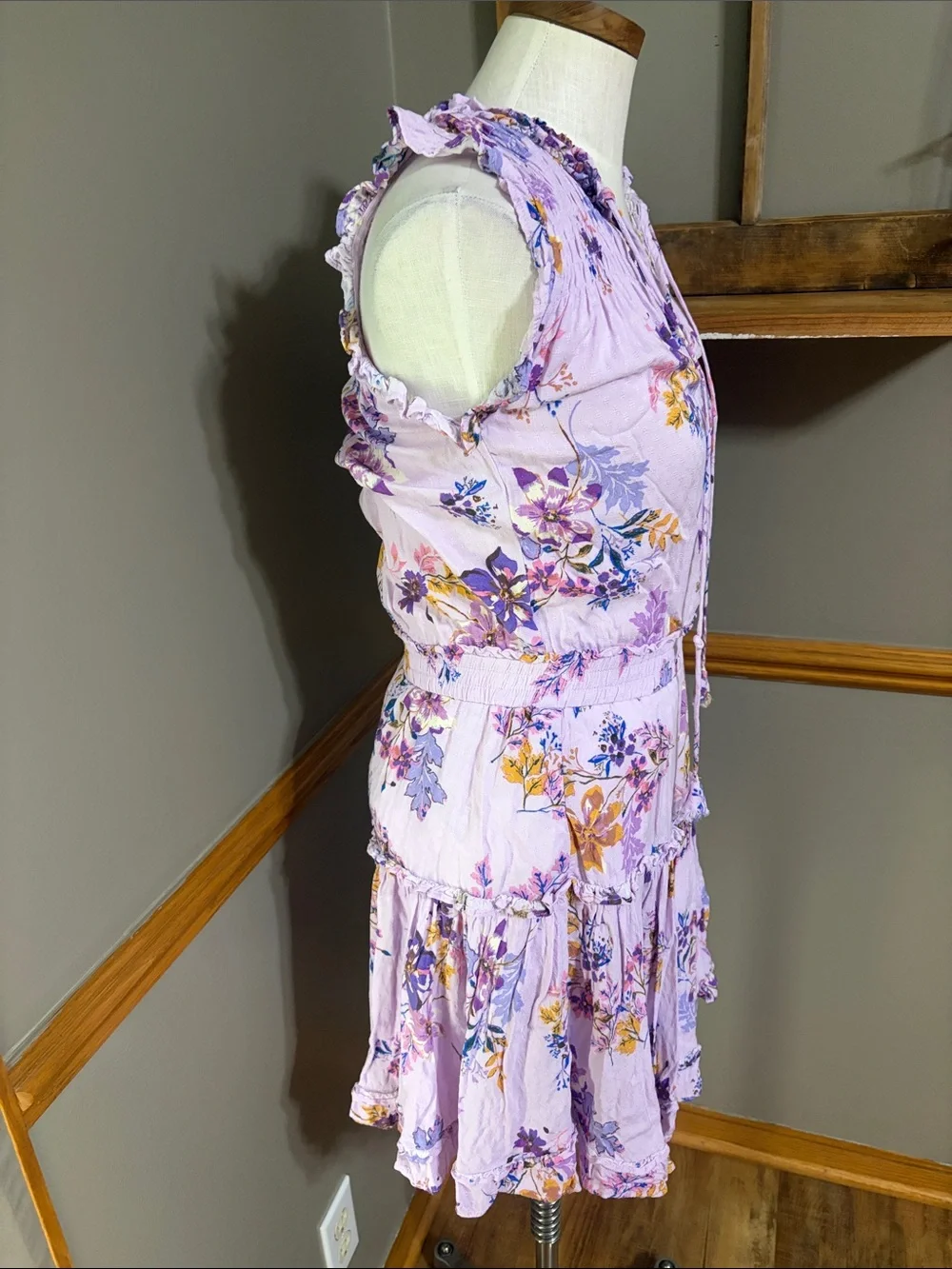 Dear John purple Floral Tiered sleeve less Ruffle Dress size small